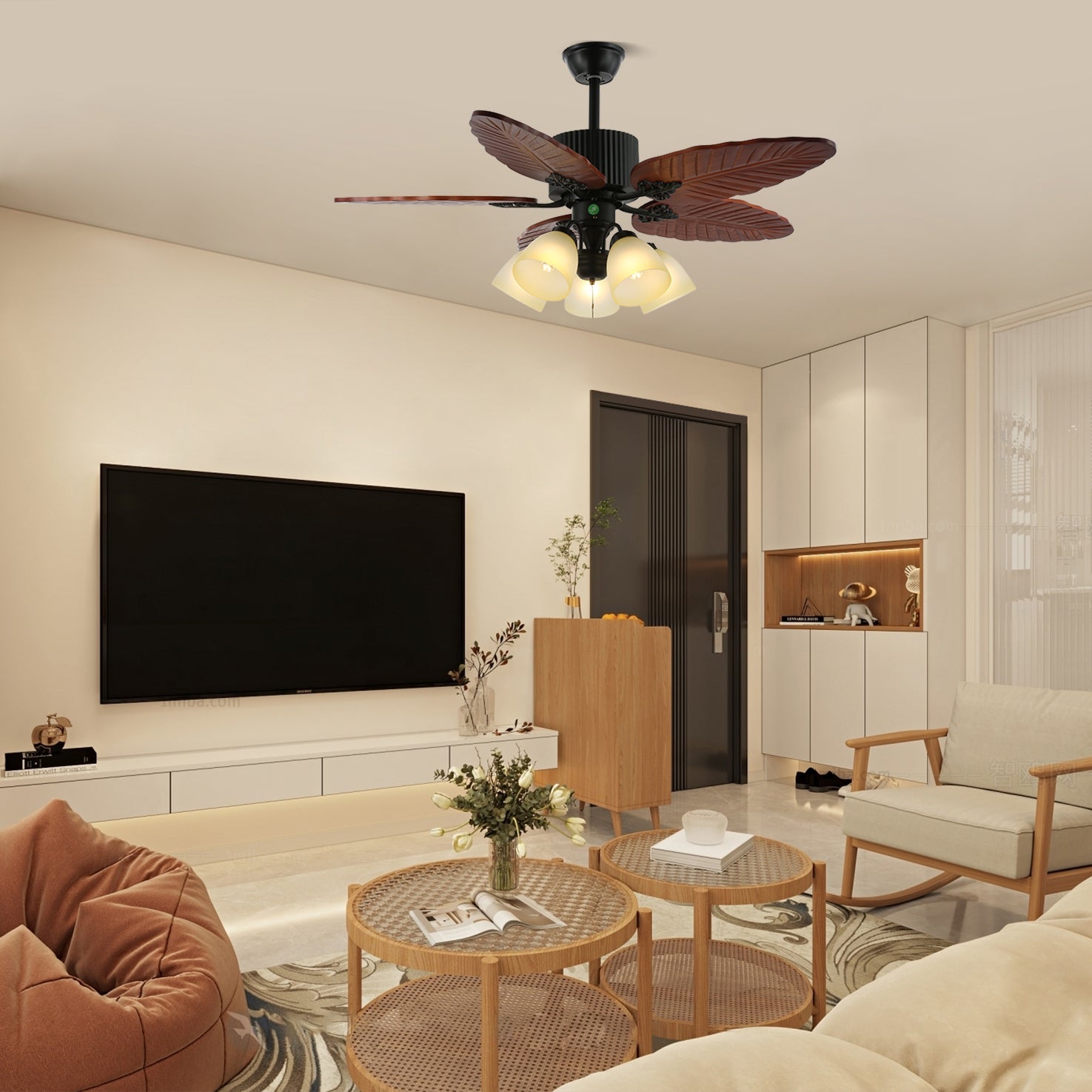 Banana Wood Leaves Ceiling Fan Light
