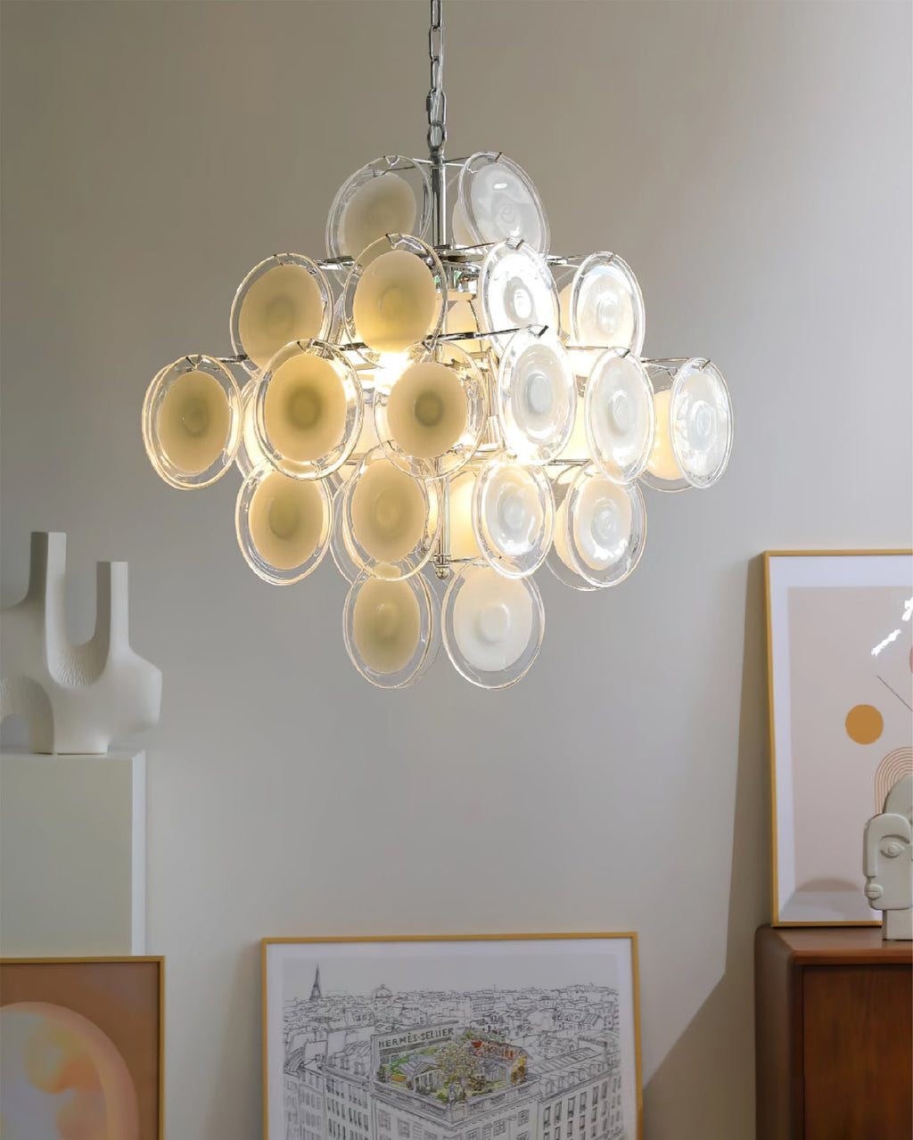 Белая стеклянная люстра Murano Disc