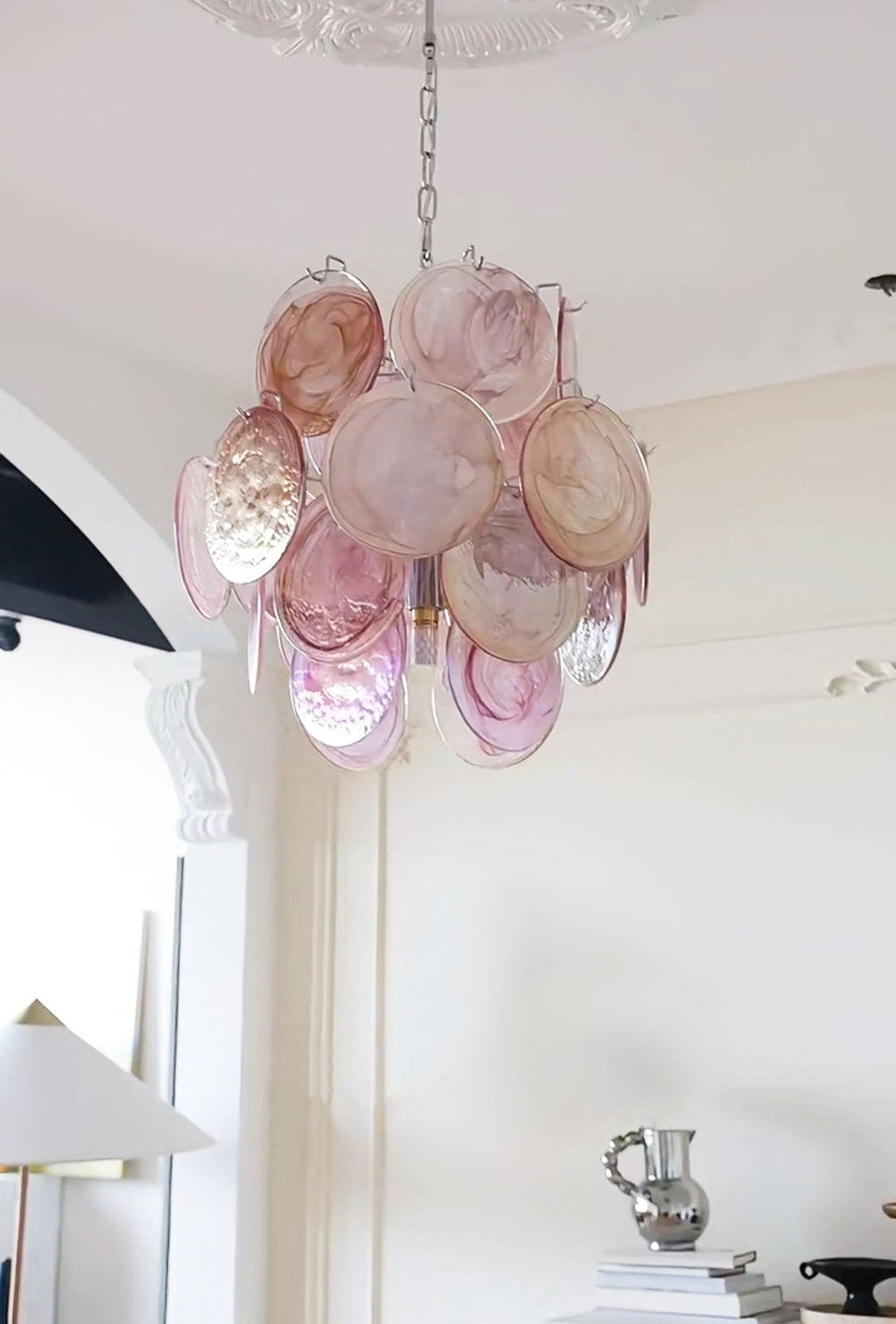 Розовая стеклянная люстра Murano Disc