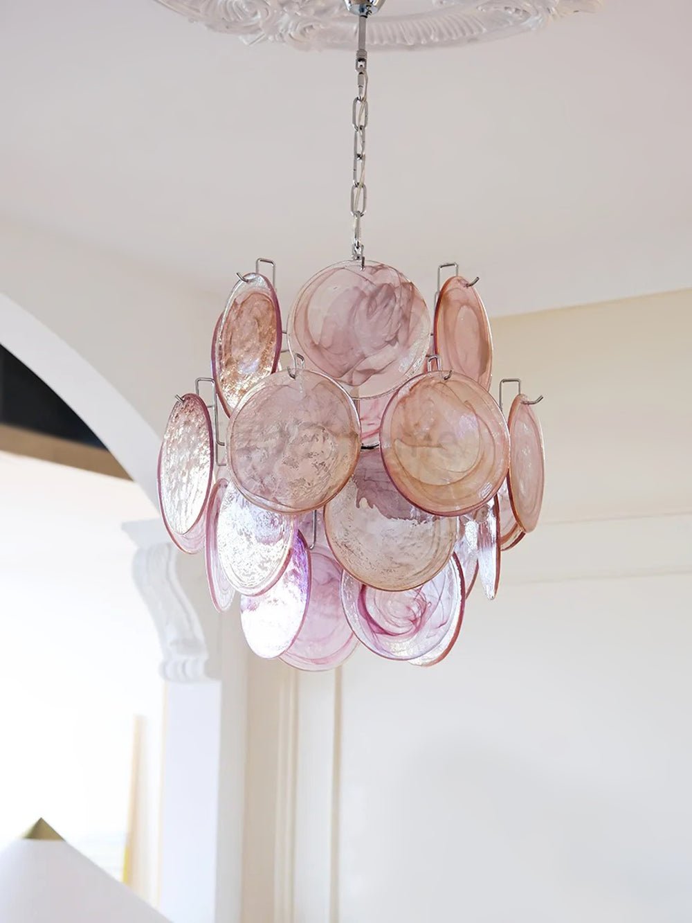 Розовая стеклянная люстра Murano Disc