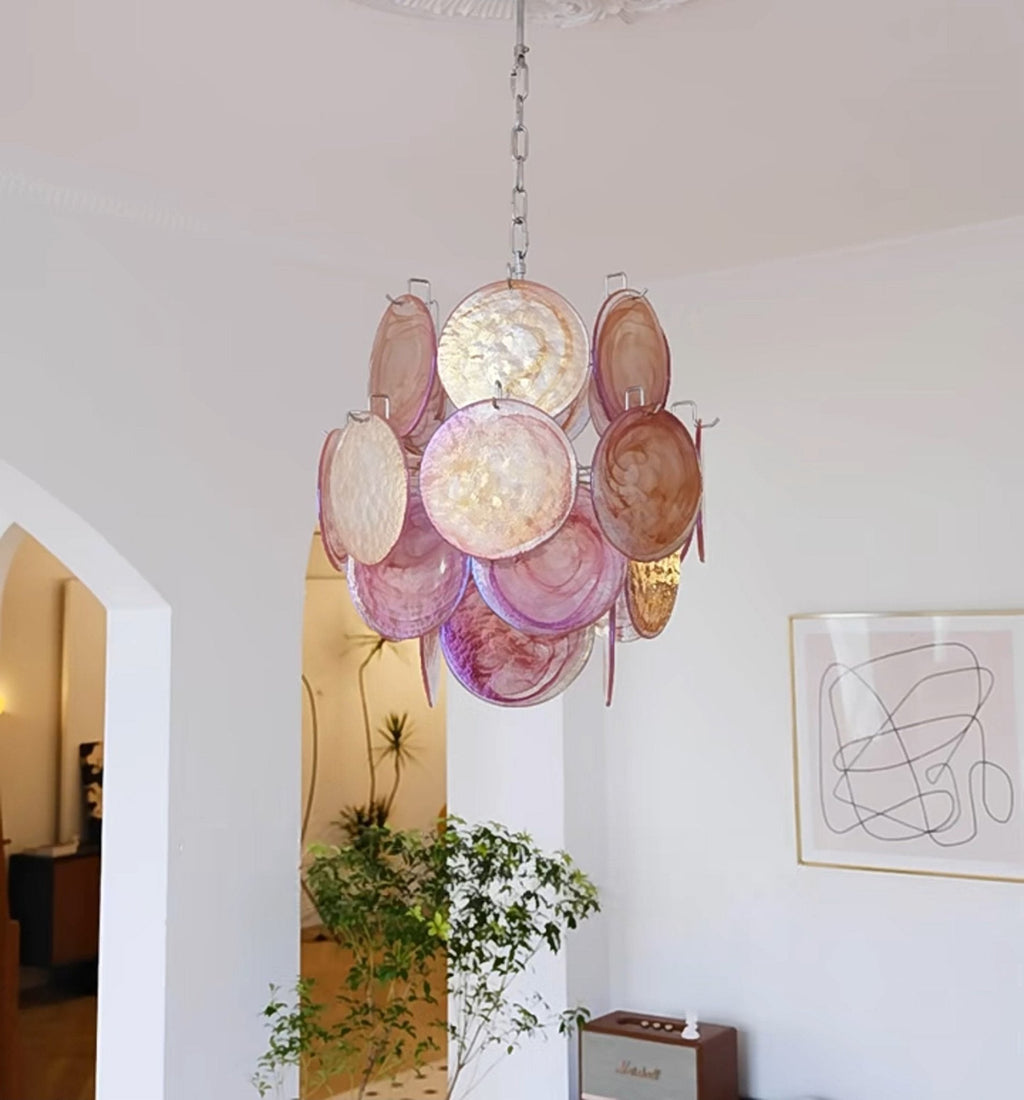 Розовая стеклянная люстра Murano Disc