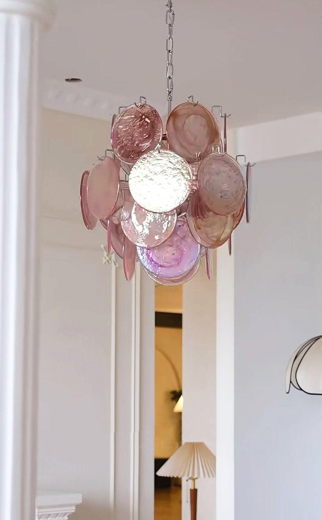 Розовая стеклянная люстра Murano Disc