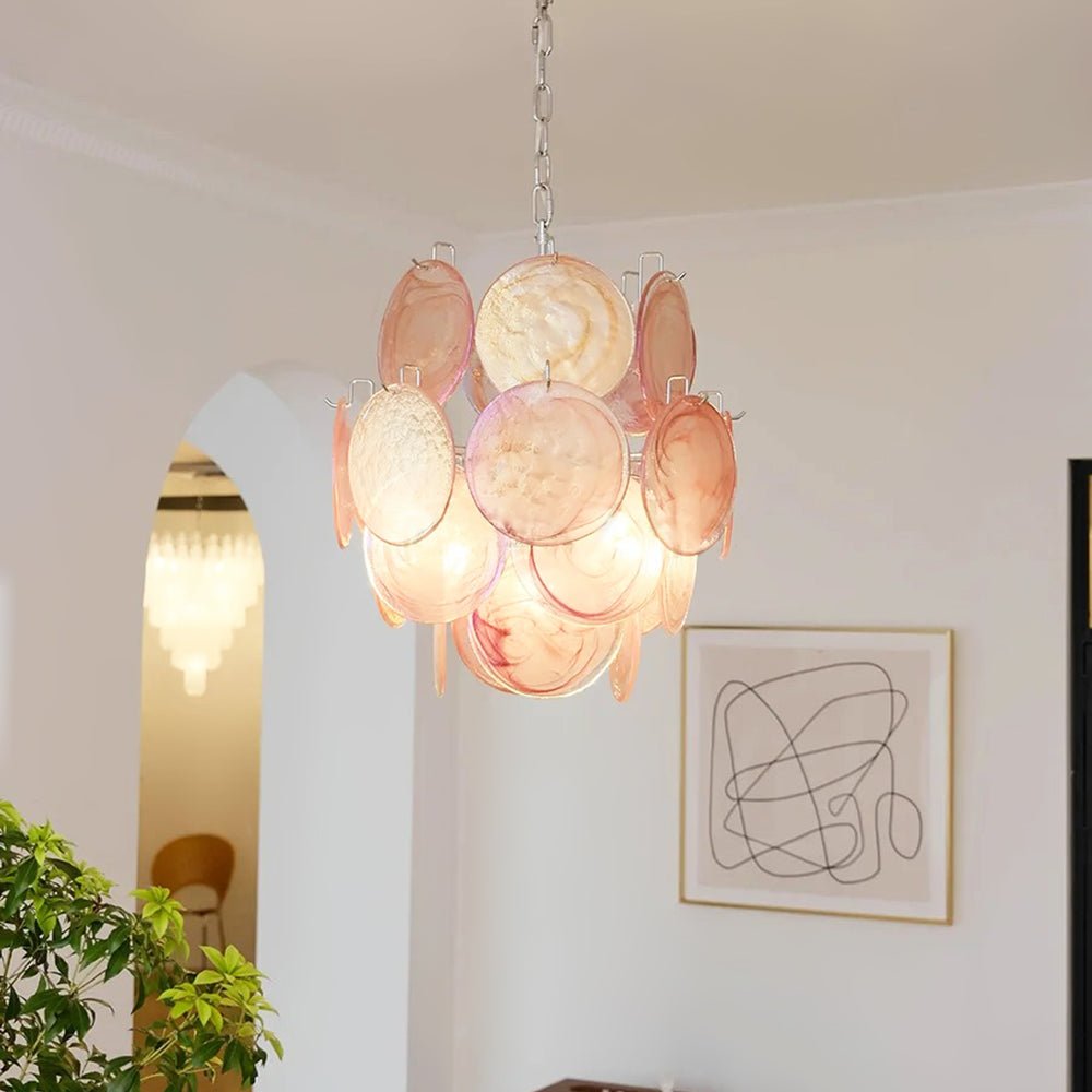 Розовая стеклянная люстра Murano Disc