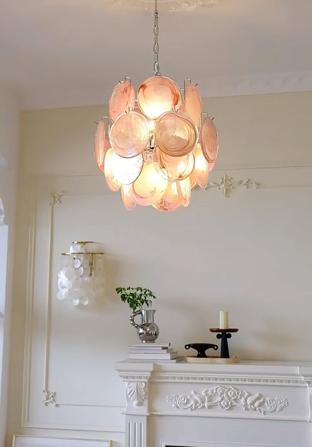 Розовая стеклянная люстра Murano Disc