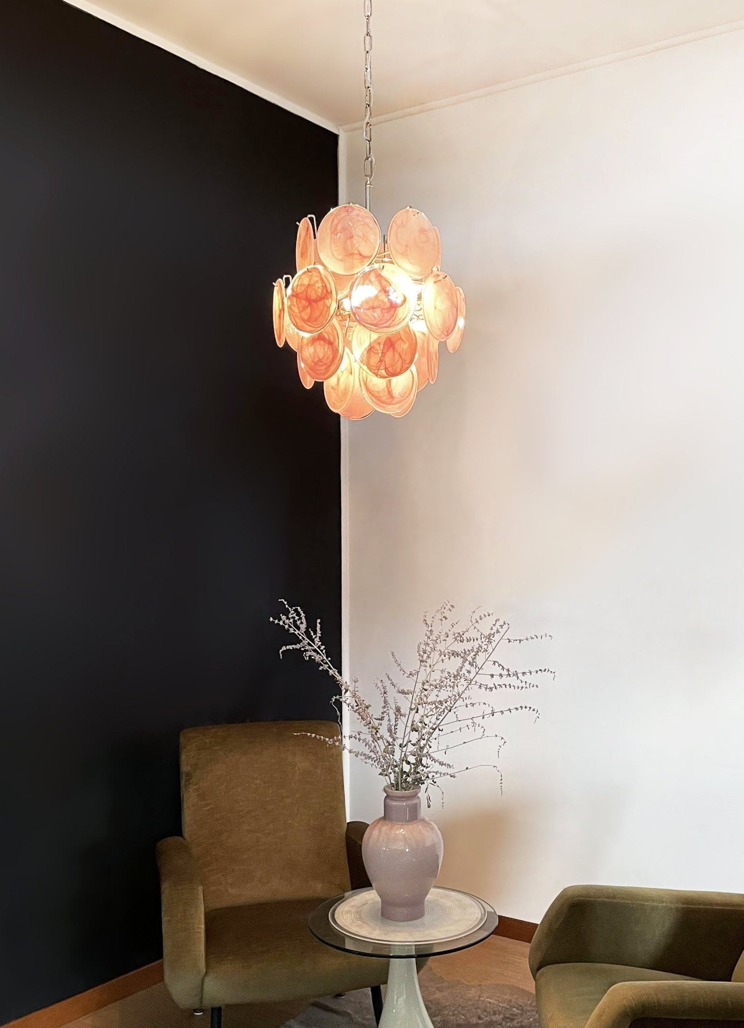 Розовая стеклянная люстра Murano Disc