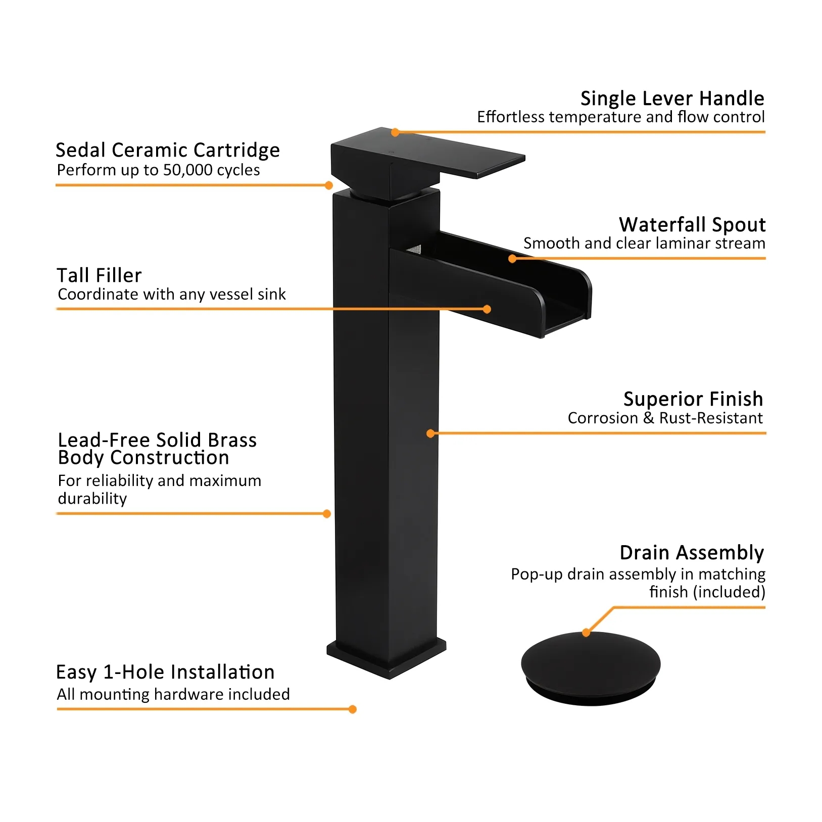 Змішувач для раковини в стилі Модерн Колір - Чорний Матеріал - Латунь SLAVGO 12878