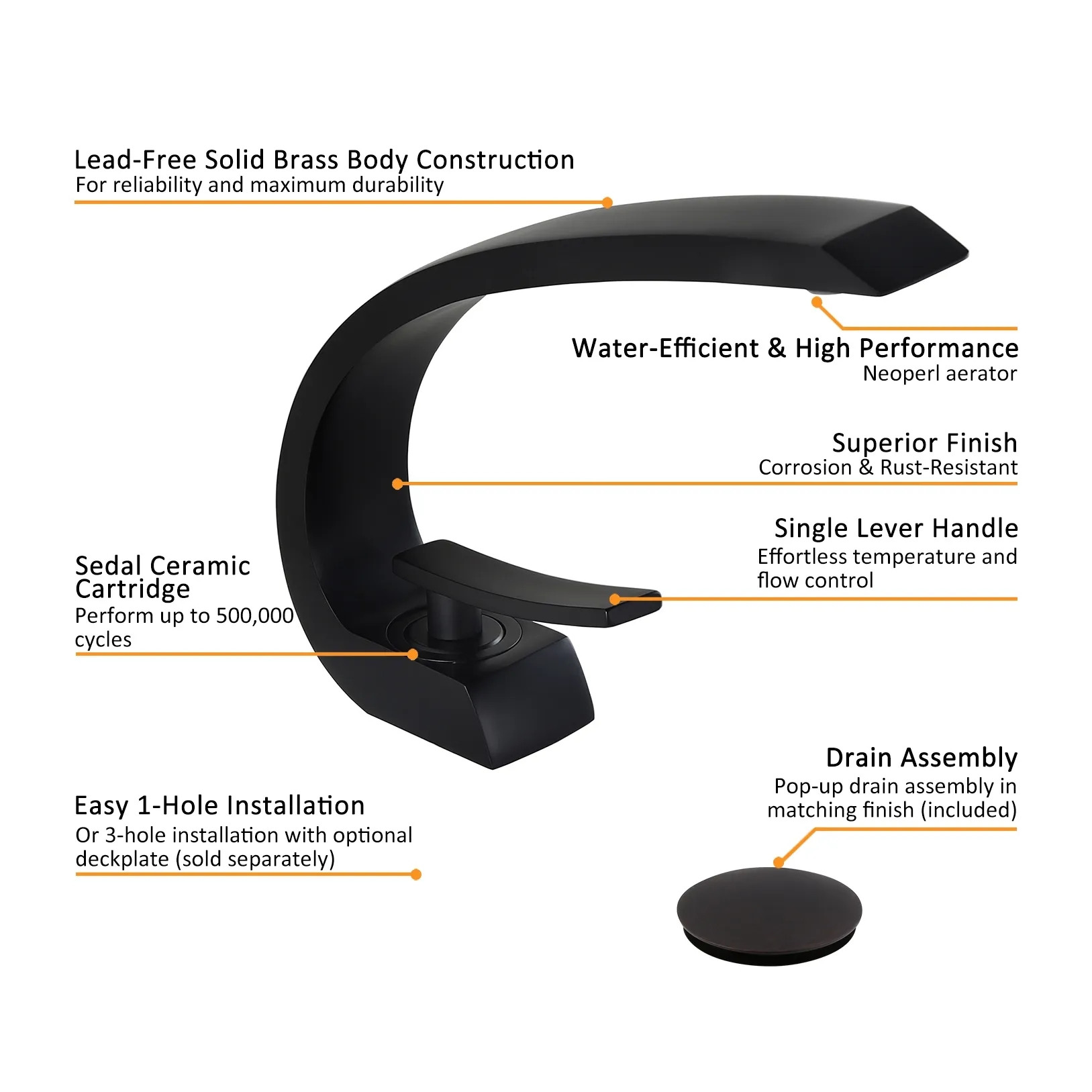Змішувач для раковини в стилі Модерн Колір - Чорний Матеріал - Латунь SLAVGO 12903